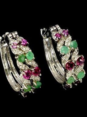 Sterling Silver Earrings Rhodolite Garnet ad Emeralds